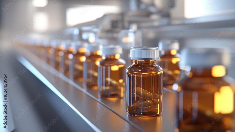 Bottles of capsules on a production line in a pharmaceutical setting. Bottles of capsules on a production line in a pharmaceutical setting.
