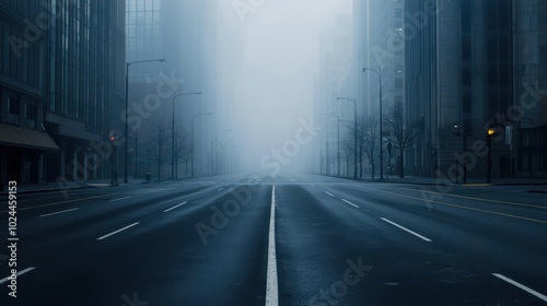 Foggy urban street in a quiet cityscape