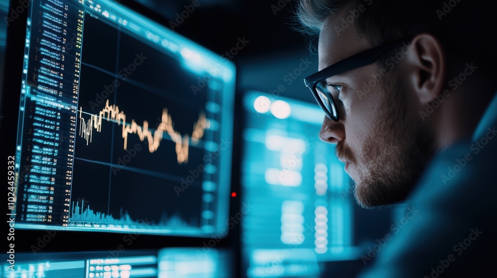 Focused analyst interpreting financial data on screens Focused analyst interpreting financial data on screens