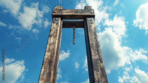 Old wooden guillotine under a blue sky with clouds as seen from below photo