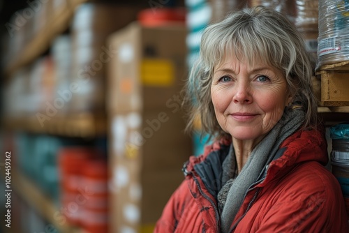 friendly older female worker. Location inside a warehouse. Clothing she is wearing a red, grey thin jacket