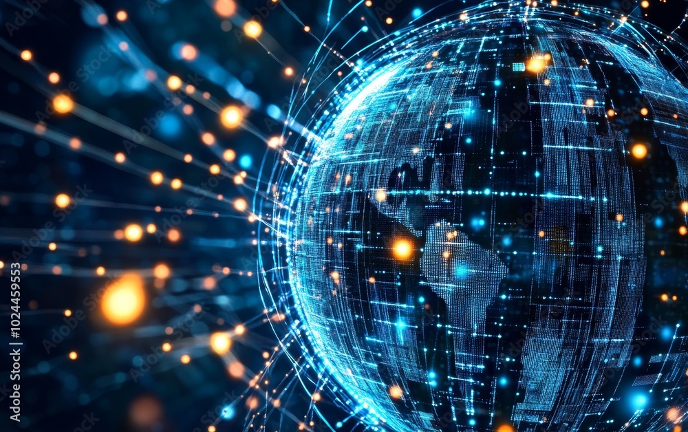 Obraz premium A digital globe surrounded by glowing lines and dots, symbolizing connectivity and technology.