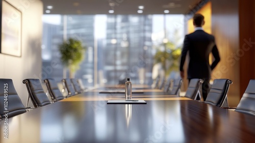 A modern conference room with a table set for a meeting, featuring a lone water bottle.