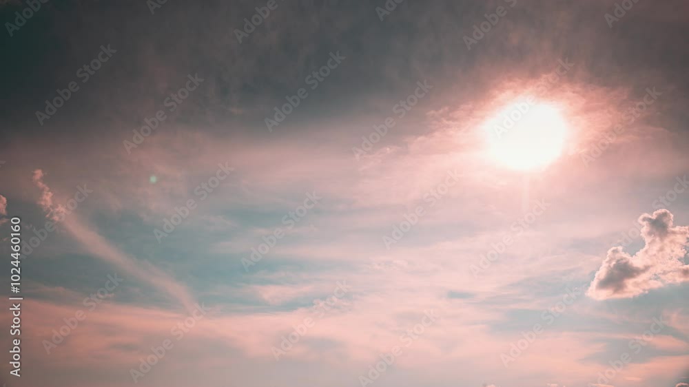 Fast Moving Clouds In Bold Blue Sky From Day To Dusk Transition Timelapse. Bright Blue Color. Natural Background Sky. Cloud Formation. Transition To Sunset Sky. Orange Sunset Sky. Dusk Time
