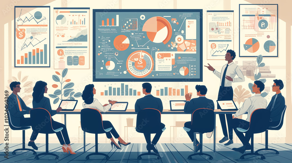Diverse team in modern office discussing data analytics presentation Diverse team in modern office discussing data analytics presentation
