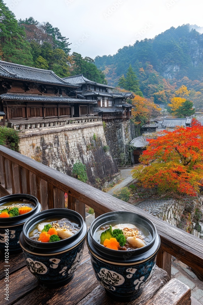 Fototapeta premium Platos tradicionales japoneses de sopa caliente con verduras, servidos en un balcón con una vista panorámica de un paisaje otoñal.