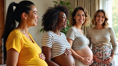 Group of pregnant women standing together indoors smiling.
