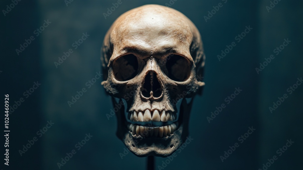A detailed human skull displayed on a stand, emphasizing anatomical features.