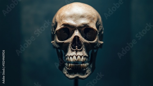 A detailed human skull displayed on a stand, emphasizing anatomical features.