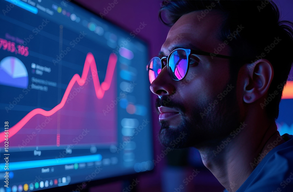A man wearing glasses observes data trends on a digital screen, set in a dark, modern environment A man wearing glasses observes data trends on a digital screen, set in a dark, modern environment