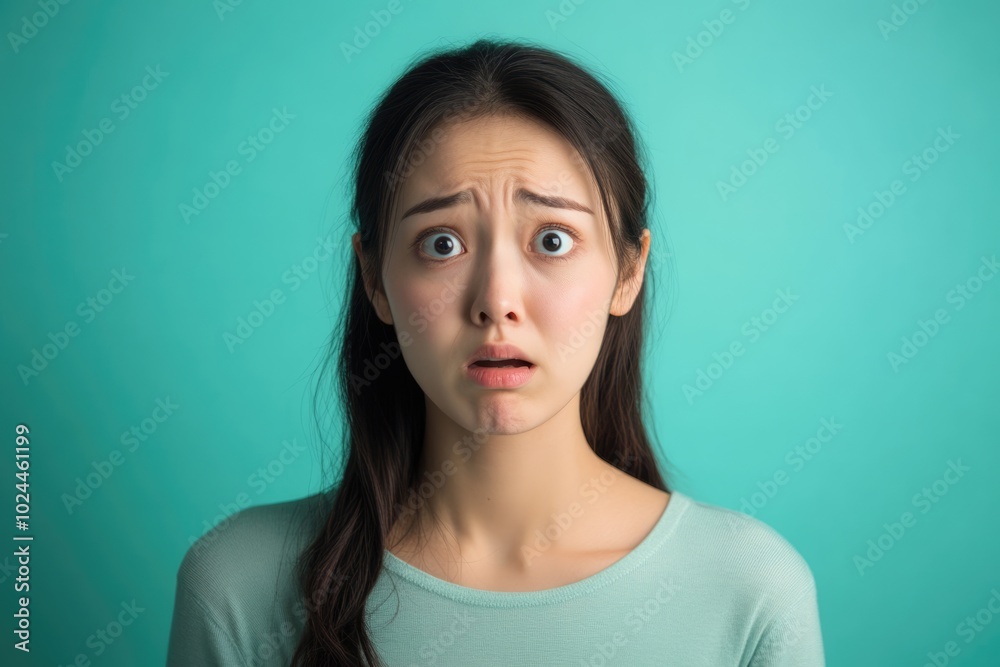 Young woman with a surprised expression, wide eyes and open mouth, against a turquoise background Young woman with a surprised expression, wide eyes and open mouth, against a turquoise background