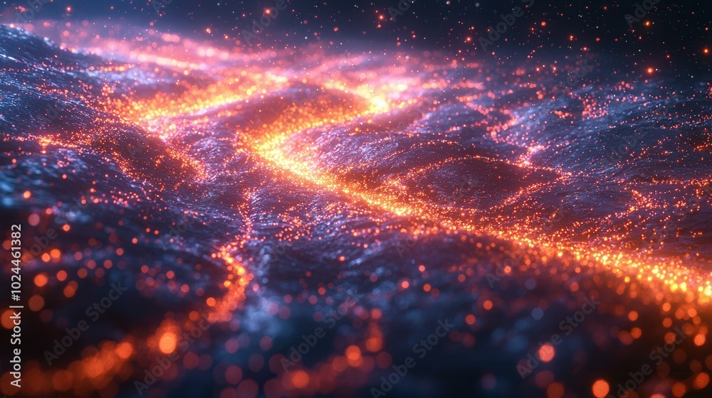 An abstract representation of glowing lava-like patterns across a dark surface, showcasing vibrant orange glints and an ethereal atmosphere.