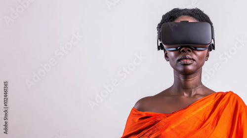black african woman with victual reality headset with copy space