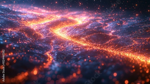 An abstract representation of glowing lava-like patterns across a dark surface, showcasing vibrant orange glints and an ethereal atmosphere.