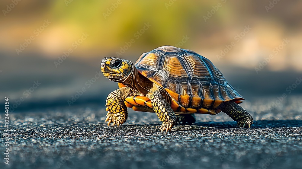 Obraz premium Tortoise crossing a road with vibrant bokeh background in the sunlight