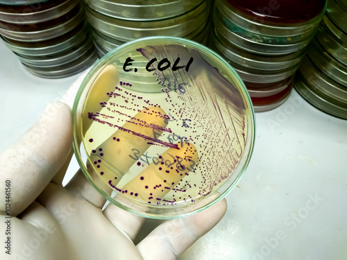 Medical technologist holds Bacteria culture growth on chromogenic media plate in Microbiology Laboratory, Escherichia coli (E. coli) bacteria culture growth on a petri dish