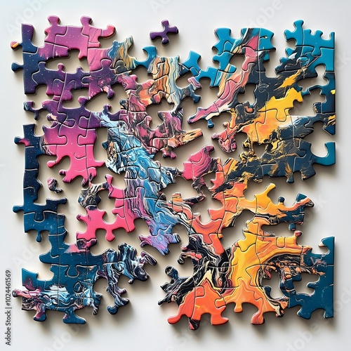 A puzzle morphing into different shapes as pieces rearrange themselves, showcasing alterability and fluid transformation, with vibrant, shifting colors.