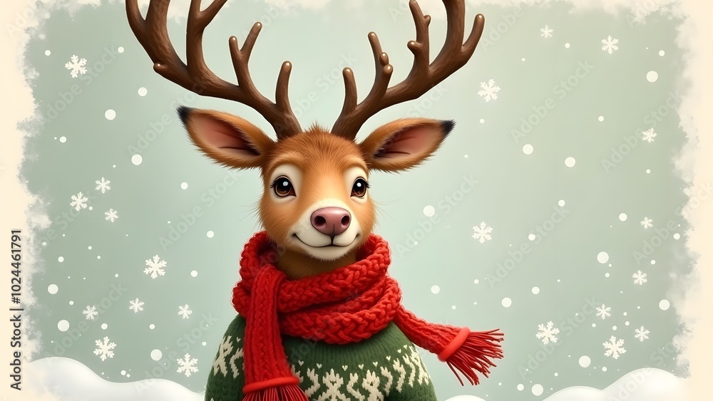 Naklejka premium Cute Christmas Reindeer Wearing a Sweater and Scarf, Festive Winter Illustration