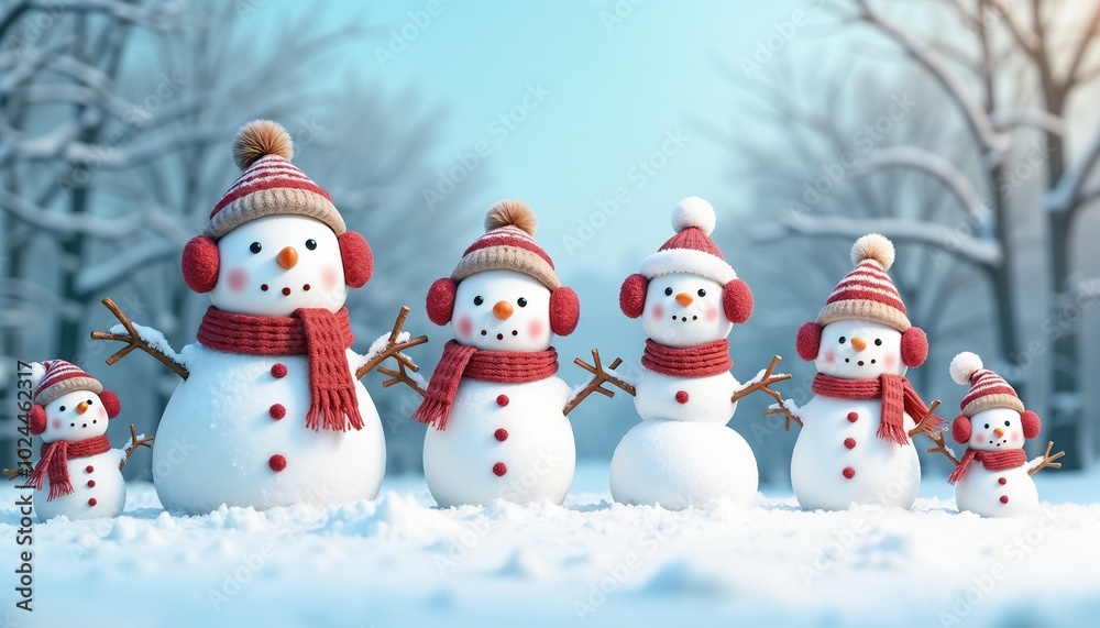 Cheerful Snowman Family in a Winter Wonderland, Festive Holiday Background Cheerful Snowman Family in a Winter Wonderland, Festive Holiday Background