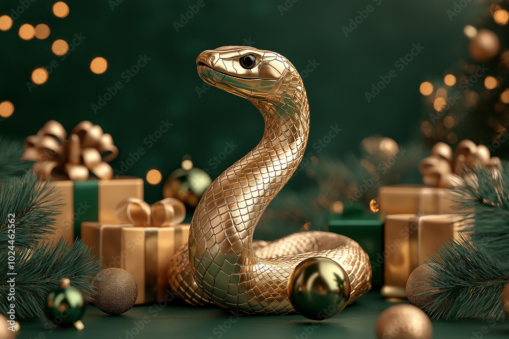 Fototapeta premium 2025 New Year Symbol – Golden Cobra Snake, Christmas Decorations on Green Background