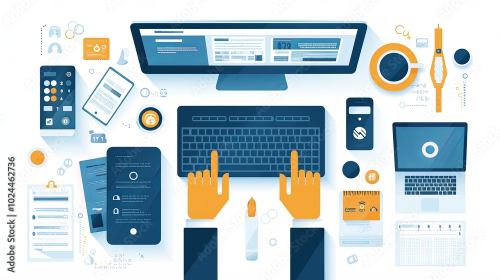 Top down view of a digital workspace with technology essentials Top down view of a digital workspace with technology essentials