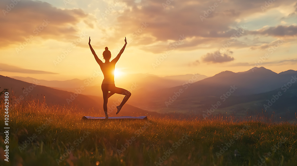 A woman practicing yoga outdoors on a grassy field, performing a tree pose with mountains in the background and the sun setting behind her A woman practicing yoga outdoors on a grassy field, performing a tree pose with mountains in the background and the sun setting behind her