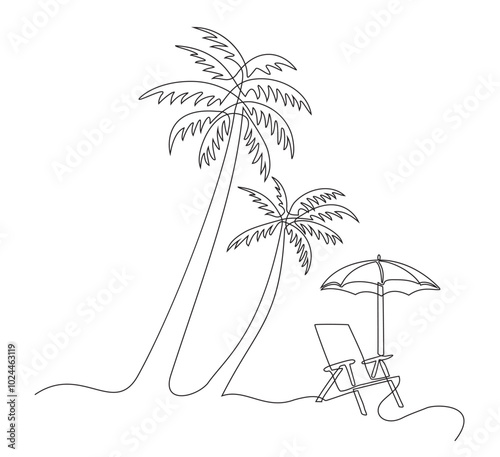 Beach umbrella and lounger near palm tree , continuous editable single line drawing. Concept of summer vacation, vacation at the seaside