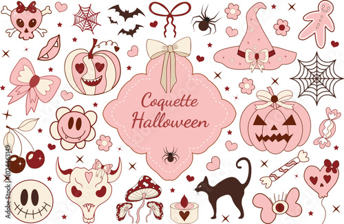 Pink girly coquette halloween set. Lovely cute collection, witch hat, pumpkins with bows, pink ribbon, spider web, skulls. Vector illustration.