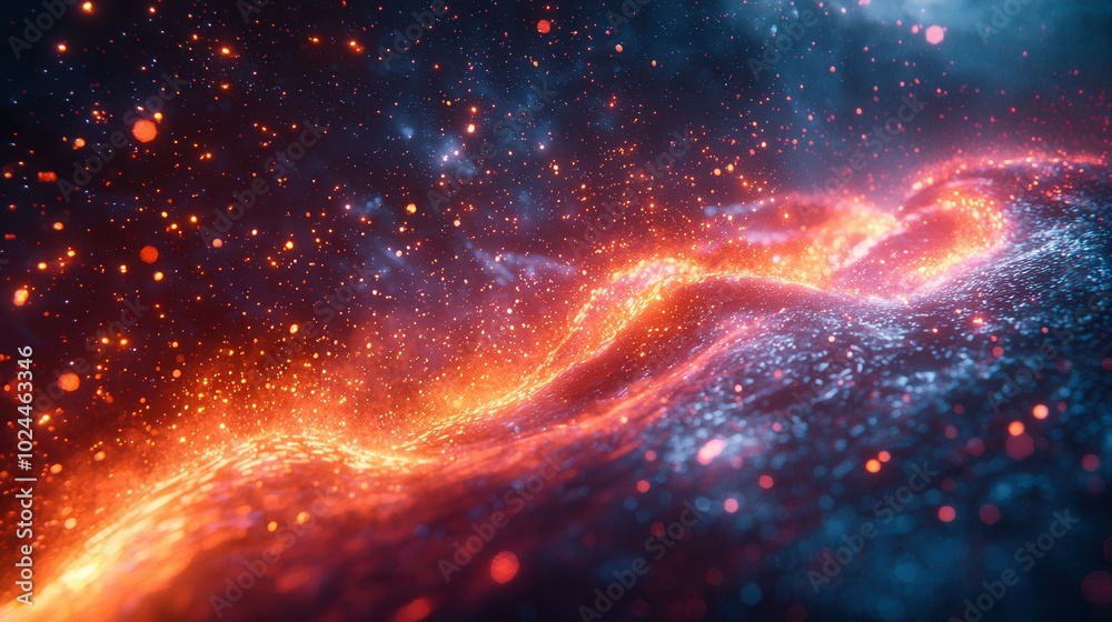 A vivid cosmic scene filled with sparkling orbs and waves of orange and blue light, creating a mesmerizing visual of the universe's beauty.