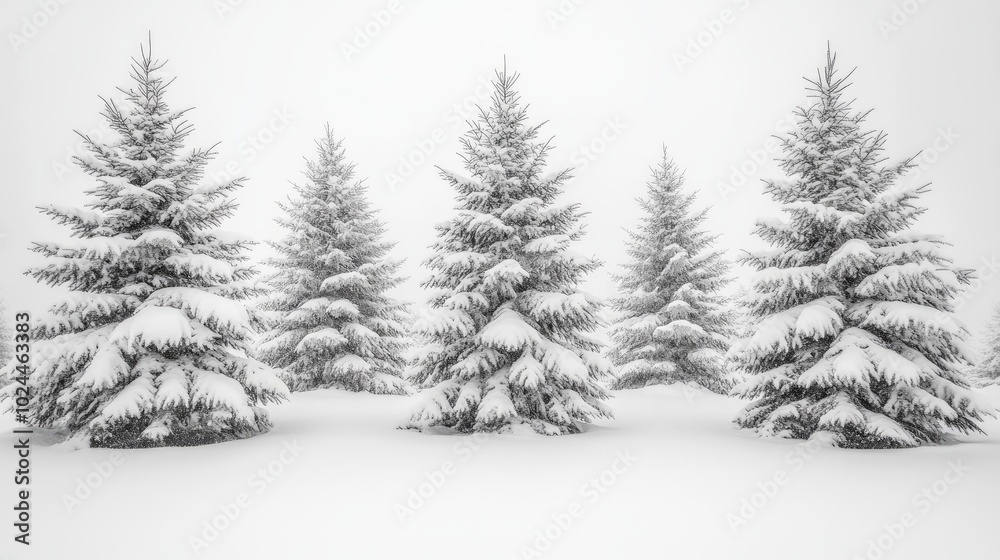 Four snow-covered fir trees stand in a row against a white snowy background. Four snow-covered fir trees stand in a row against a white snowy background.