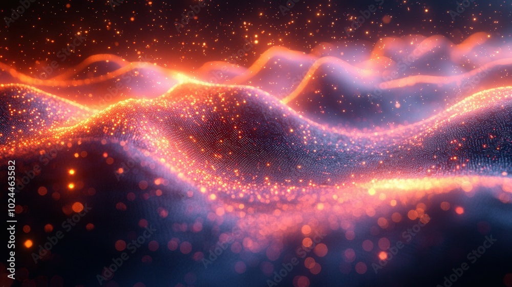 A vibrant abstract image featuring colorful wave patterns with glowing particles against a dark background. It evokes a sense of motion and depth. A vibrant abstract image featuring colorful wave patterns with glowing particles against a dark background. It evokes a sense of motion and depth.