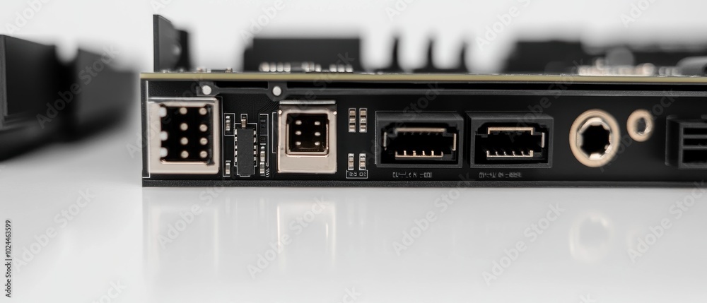Close-up of the back panel of a computer motherboard with various Close-up of the back panel of a computer motherboard with various