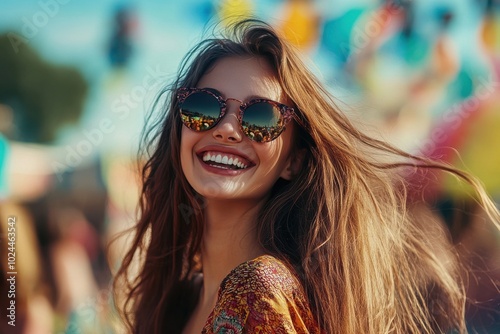 A lively scene of a young woman with long flowing hair, laughing joyfully while wearing