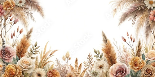 Luxurious vintage watercolor floral border with pampas grass from a low angle