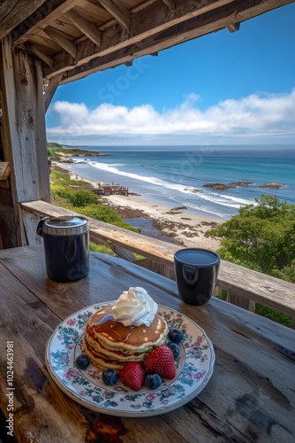 Panqueques servidos con crema batida y frutas frescas, acompañados de una taza de café, con vistas al mar.

 photo