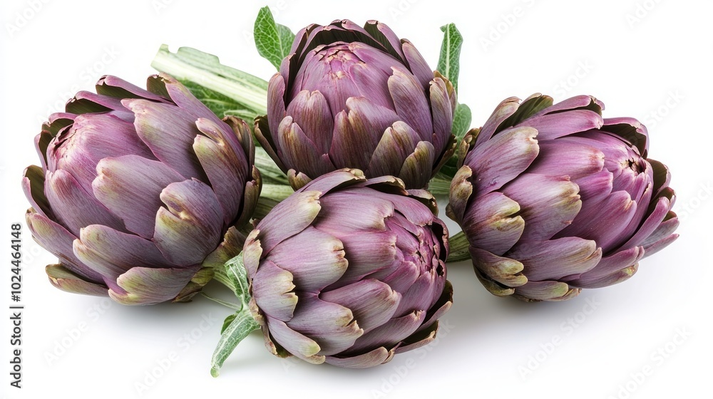 Obraz premium Four whole purple artichokes with green leaves, isolated on white background.
