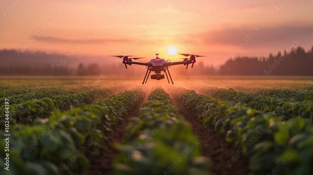 Drone Over Agricultural Field at Sunset. A drone hovers over a lush agricultural field during sunset, capturing the beautiful landscape and showcasing the blend of technology and nature in farming. Drone Over Agricultural Field at Sunset. A drone hovers over a lush agricultural field during sunset, capturing the beautiful landscape and showcasing the blend of technology and nature in farming.