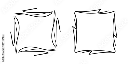 Square doodle frames ,hand-drawn monograms.Edgings and cadres with simple sketchy design elements.Isolated. Vector illustration.