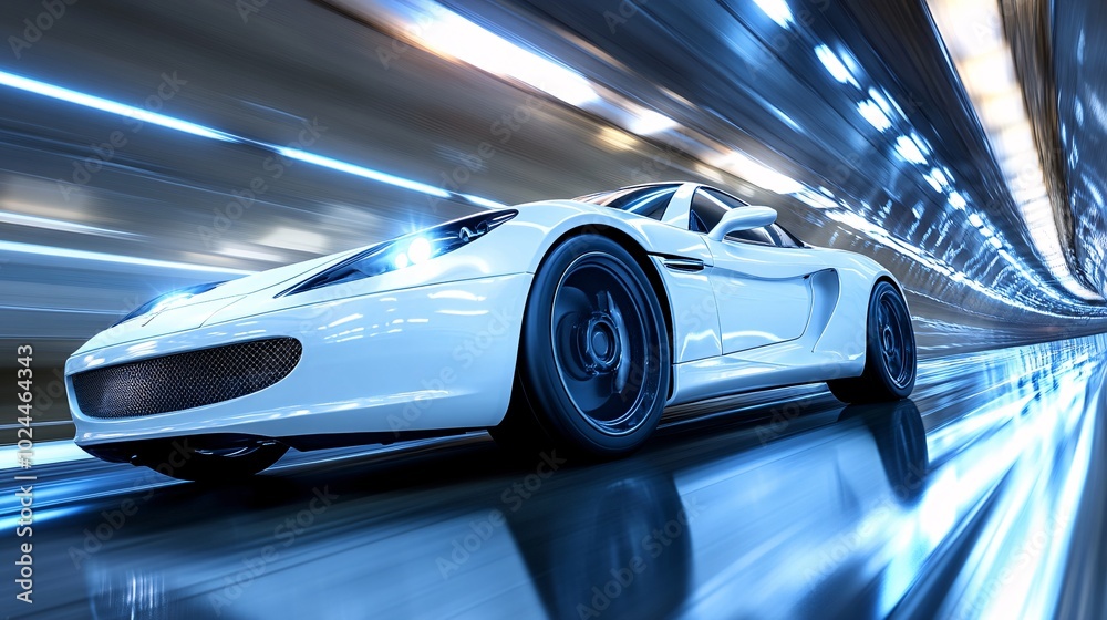 A sleek white sports car racing through a futuristic tunnel, showcasing speed and motion with dynamic light streaks in the background. A sleek white sports car racing through a futuristic tunnel, showcasing speed and motion with dynamic light streaks in the background.