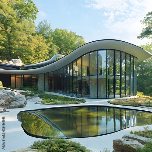 A stunning architectural design featuring curviness and flowing lines, blending seamlessly into a natural landscape. photo