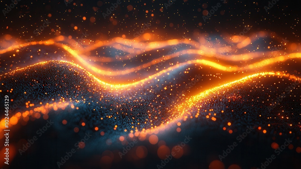 An abstract representation of wave patterns illuminated with glowing orange lights against a dark background, creating a mesmerizing visual effect. An abstract representation of wave patterns illuminated with glowing orange lights against a dark background, creating a mesmerizing visual effect.