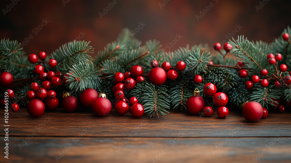 Christmas Lush tree branch decorated with red berries	