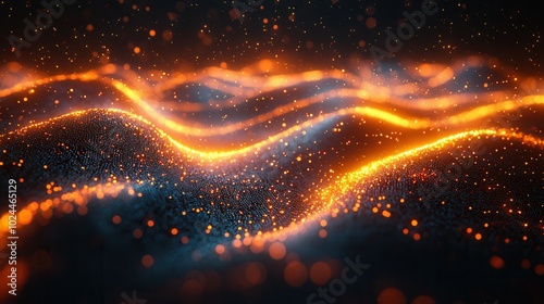 An abstract representation of wave patterns illuminated with glowing orange lights against a dark background, creating a mesmerizing visual effect.