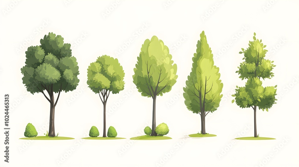 Fototapeta premium Collection of Six Cartoon-Style Green Trees on White Background