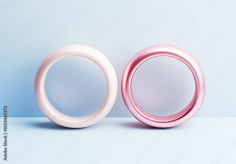 Fototapeta premium Two interlocking pastel pink and blue green rings symbolize unity and balance, set against a minimalist backdrop. Ideal for branding and conceptual marketing related to relationships.