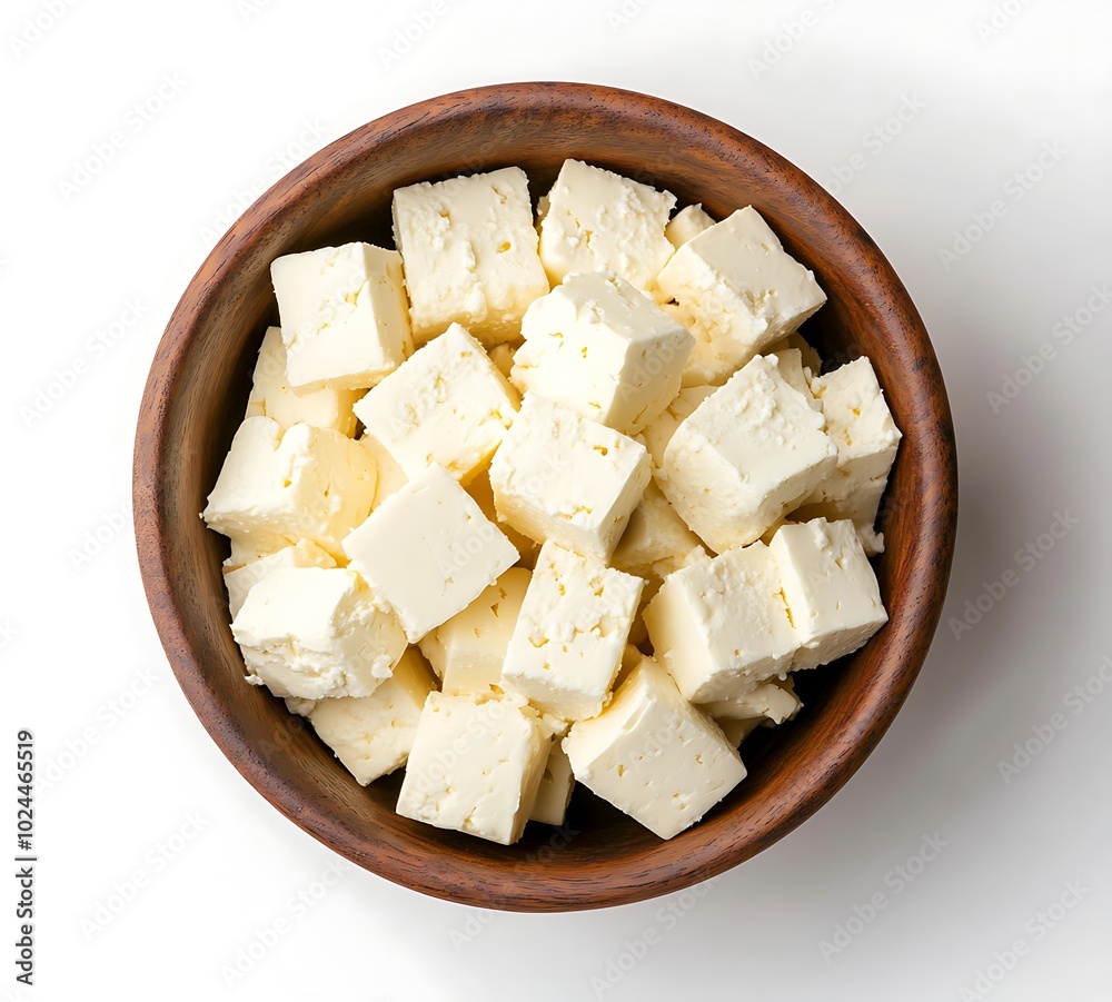 A bowl of cubed feta cheese on a white background