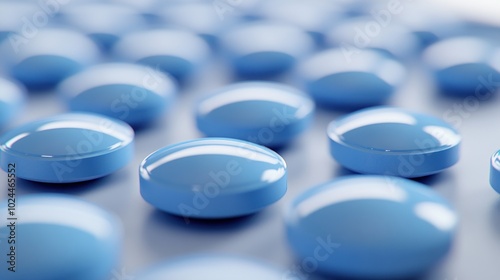 A close-up view of shiny blue pills arranged in a pattern. photo