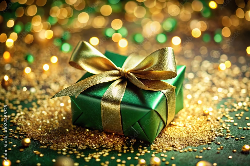 luxury green gift box with golden ribbon on particles and confetti background luxury green gift box with golden ribbon on particles and confetti background