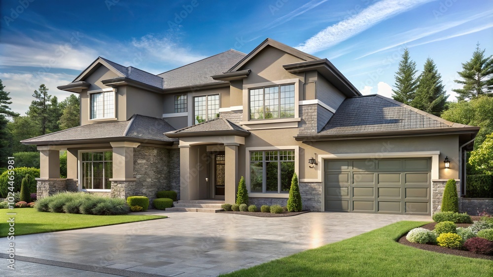 Luxury house exterior with summer landscape Luxury house exterior with summer landscape