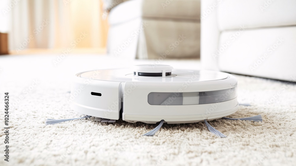 Fototapeta premium Close-up of a white plastic robot vacuuming a plush carpet in the living room. The robot's sensors are focused on the floor, with a sleek vacuum attachment ensuring no dust is missed. 